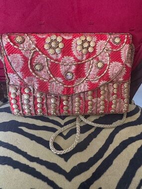 Embellished Pink-Red Quilted Evening Clutch with Gold Accents
